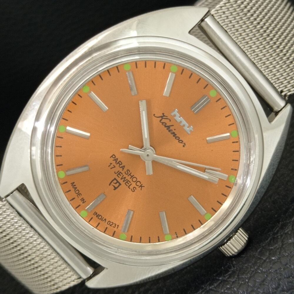 Vintage 1979 HMT Manual Wound Mens Silver Watch & Orange accents